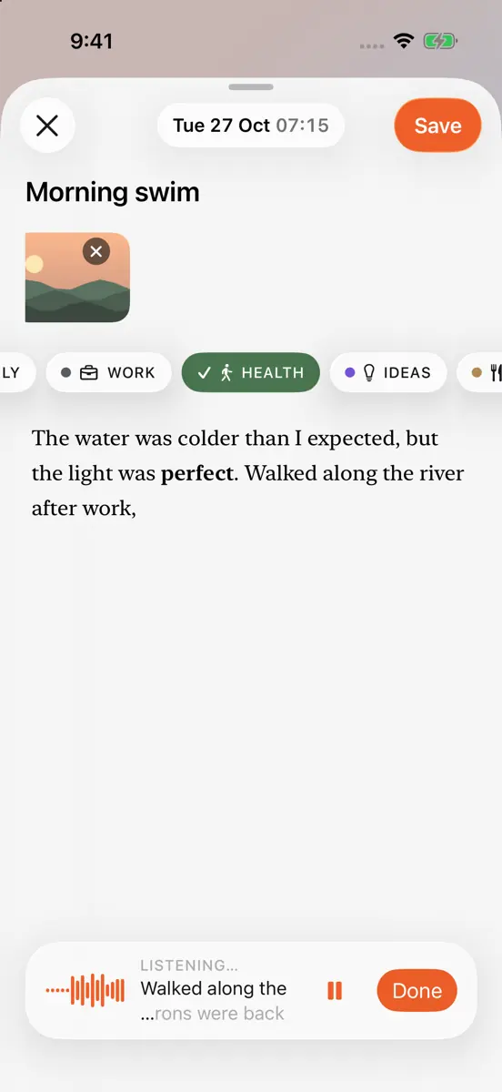 Dictation in the composer: a glass capsule with a live waveform and words appearing.
