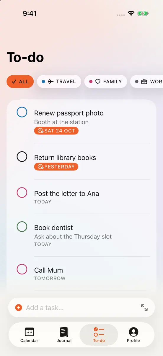 The To-do list with active tasks, coloured category rings and a Completed section.